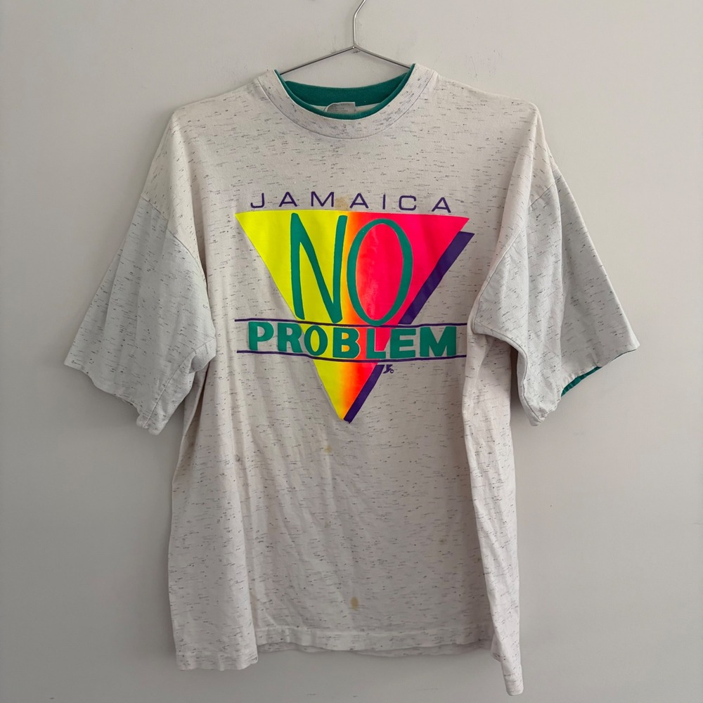 Vintage Proweight Jamaica No Problem Graphic T-Shirt Gray Speckle Neon XL